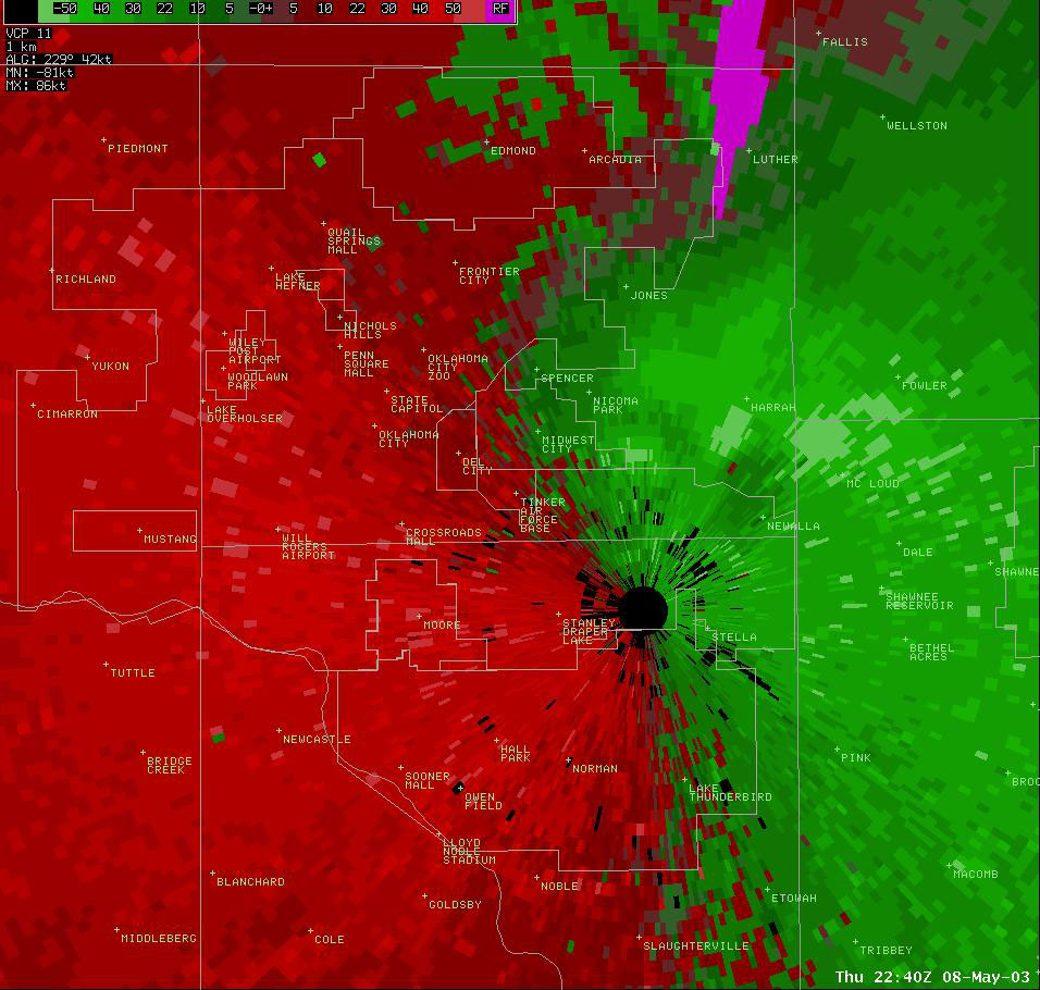 Twin Lakes, OK (KTLX) Storm Relative Velocity Display for 5:40 pm CDT, 5/08/2003