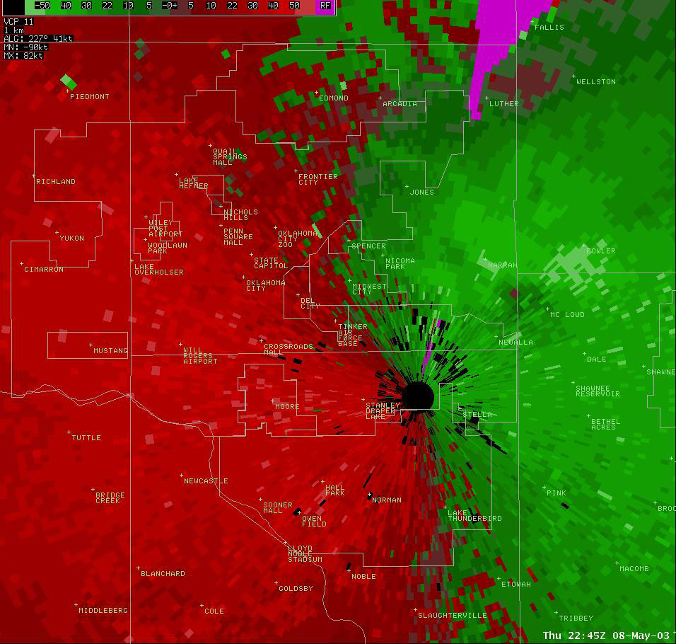 Twin Lakes, OK (KTLX) Storm Relative Velocity Display for 5:45 pm CDT, 5/08/2003