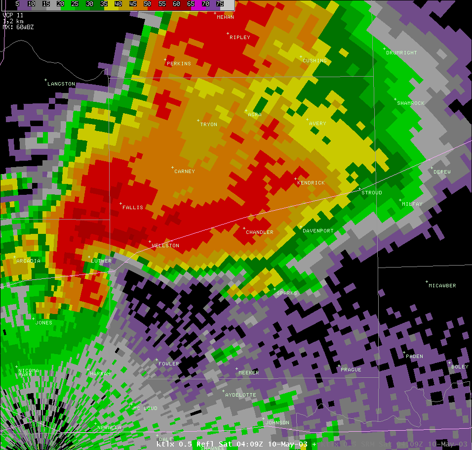 Twin Lakes, OK (KTLX) Radar Reflectivity for 11:09 PM CDT, 5/09/2003