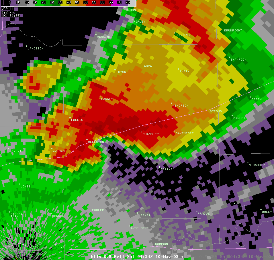 Twin Lakes, OK (KTLX) Radar Reflectivity for 11:24 PM CDT, 5/09/2003