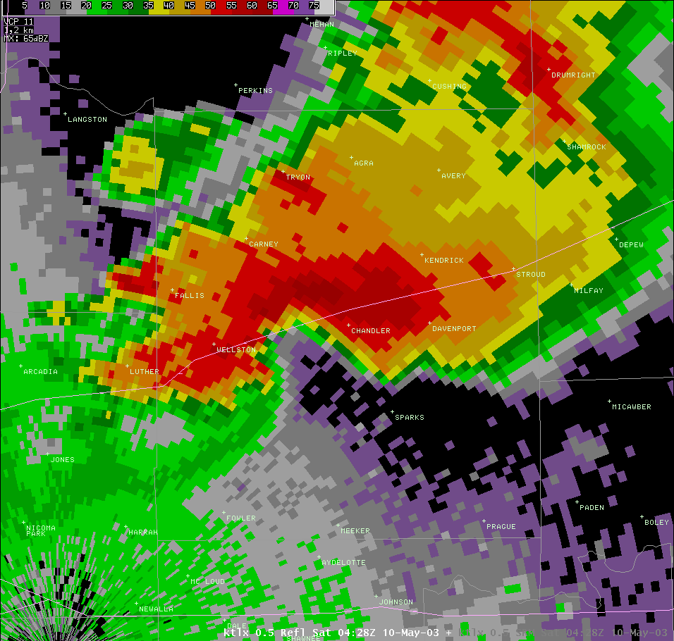 Twin Lakes, OK (KTLX) Radar Reflectivity for 11:28 PM CDT, 5/09/2003