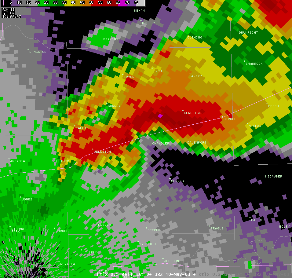 Twin Lakes, OK (KTLX) Radar Reflectivity for 11:38 PM CDT, 5/09/2003