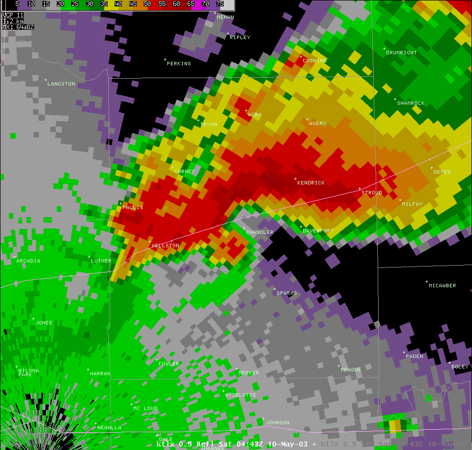 Twin Lakes, OK (KTLX) Radar Reflectivity for 11:43 PM CDT, 5/09/2003