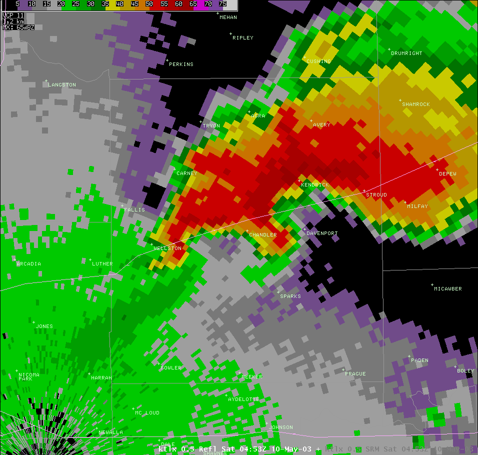 Twin Lakes, OK (KTLX) Radar Reflectivity for 11:53 PM CDT, 5/09/2003