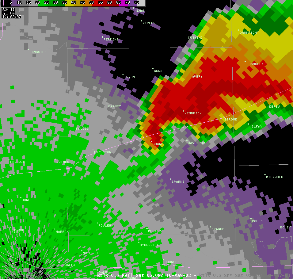 Twin Lakes, OK (KTLX) Radar Reflectivity for 12:08 AM CDT, 5/10/2003