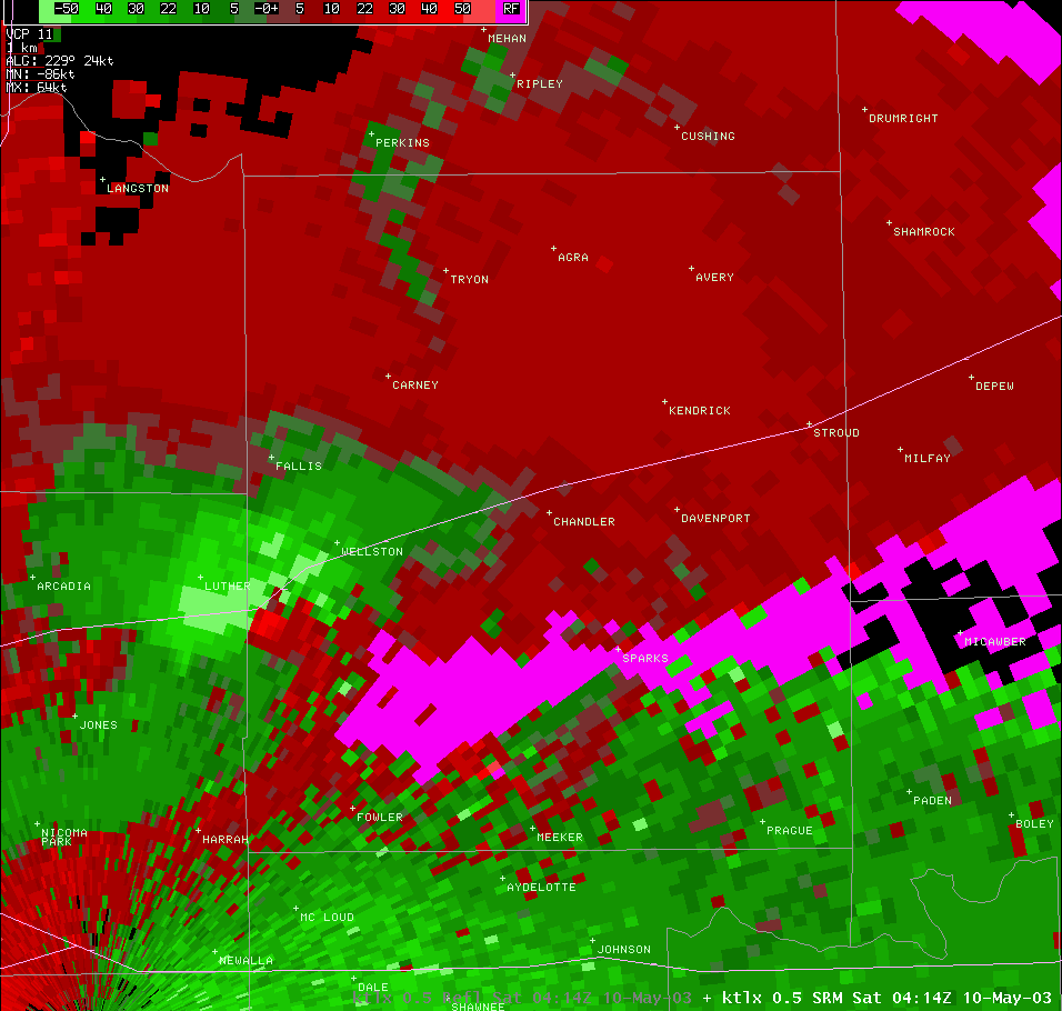 Twin Lakes, OK (KTLX) Storm Relative Velocity for 11:14 PM CDT, 5/09/2003