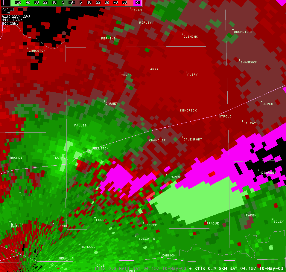 Twin Lakes, OK (KTLX) Storm Relative Velocity for 11:19 PM CDT, 5/09/2003