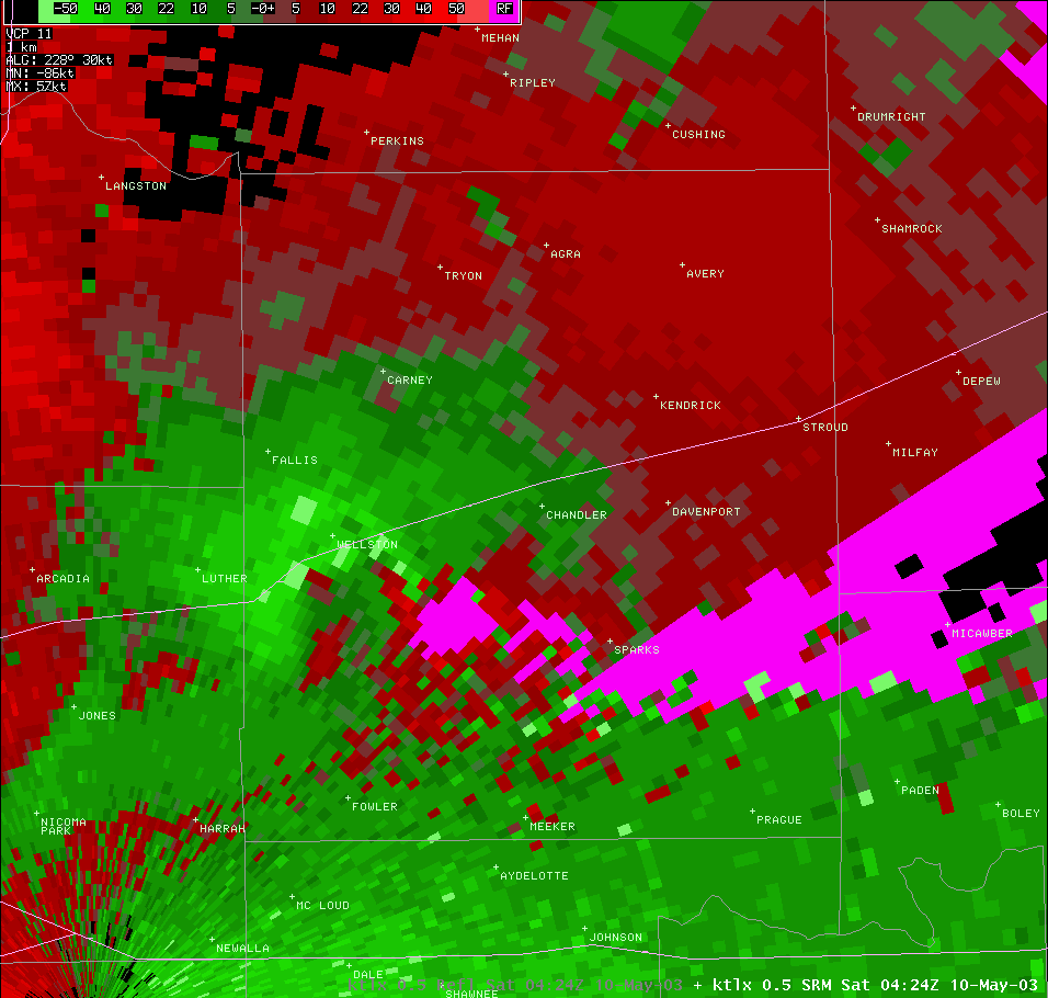 Twin Lakes, OK (KTLX) Storm Relative Velocity for 11:24 PM CDT, 5/09/2003
