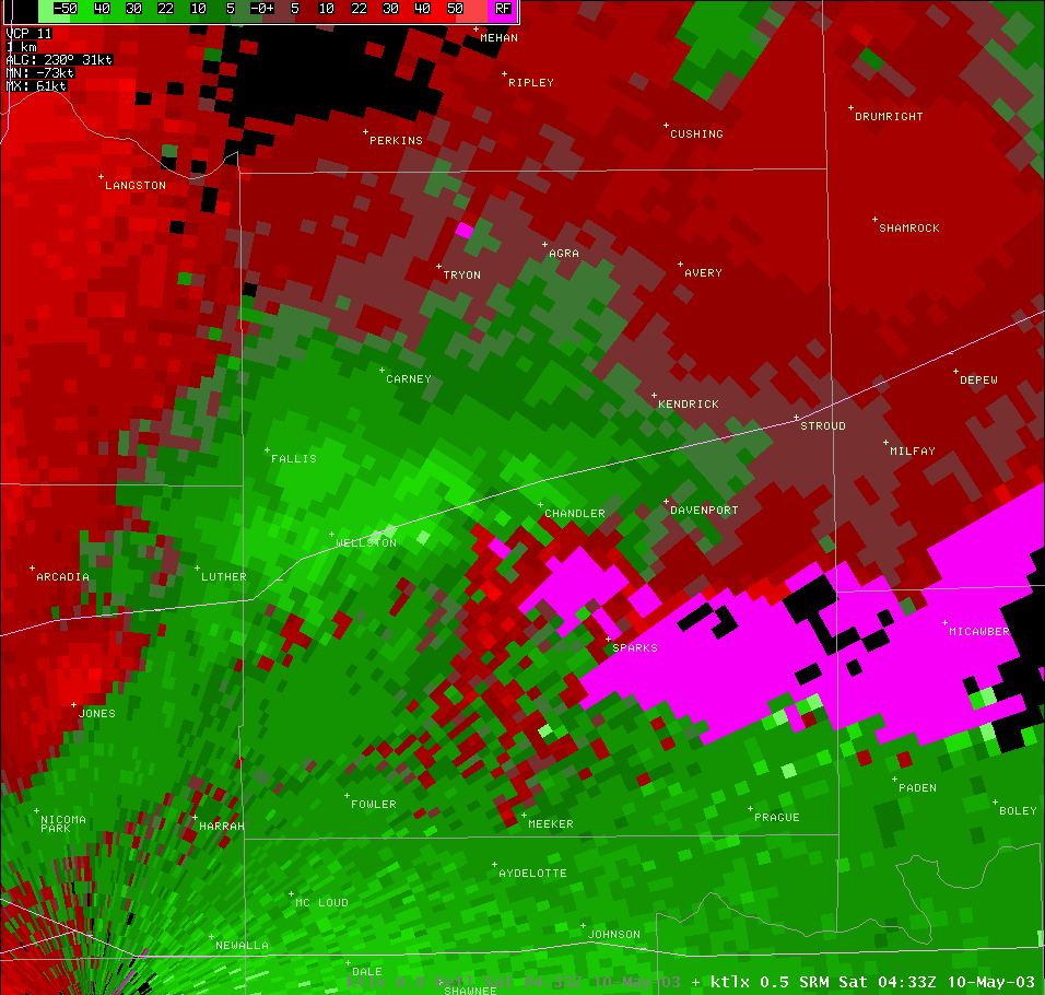 Twin Lakes, OK (KTLX) Storm Relative Velocity for 11:33 PM CDT, 5/09/2003
