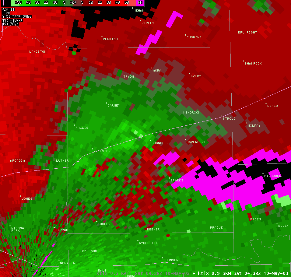 Twin Lakes, OK (KTLX) Storm Relative Velocity for 11:38 PM CDT, 5/09/2003
