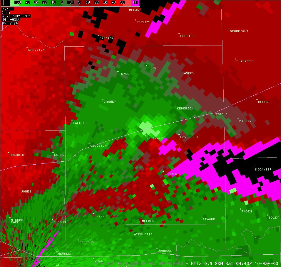 Twin Lakes, OK (KTLX) Storm Relative Velocity for 11:43 PM CDT, 5/09/2003