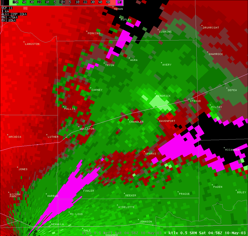 Twin Lakes, OK (KTLX) Storm Relative Velocity for 11:58 PM CDT, 5/09/2003