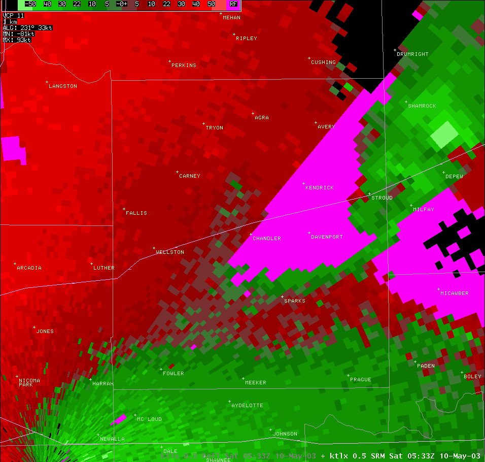 Twin Lakes, OK (KTLX) Storm Relative Velocity for 12:33 AM CDT, 5/10/2003