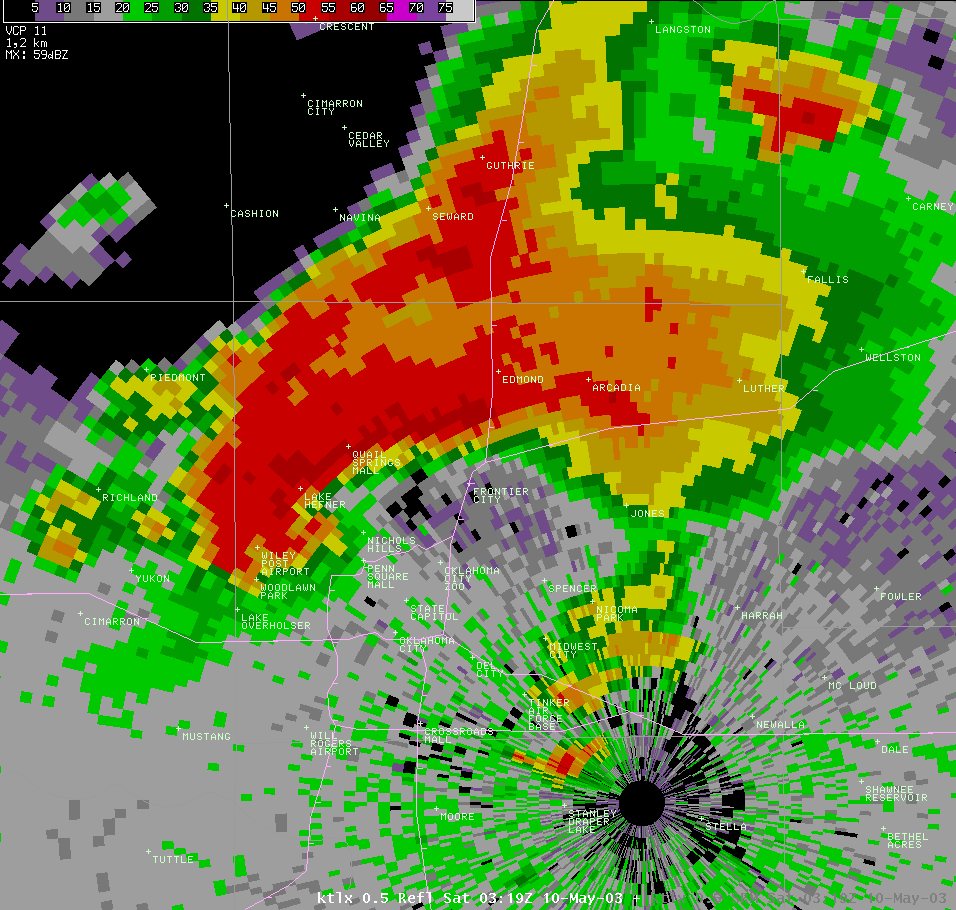 Twin Lakes, OK (KTLX) Radar Reflectivity Image for 10:19 PM CDT, 5/09/2003