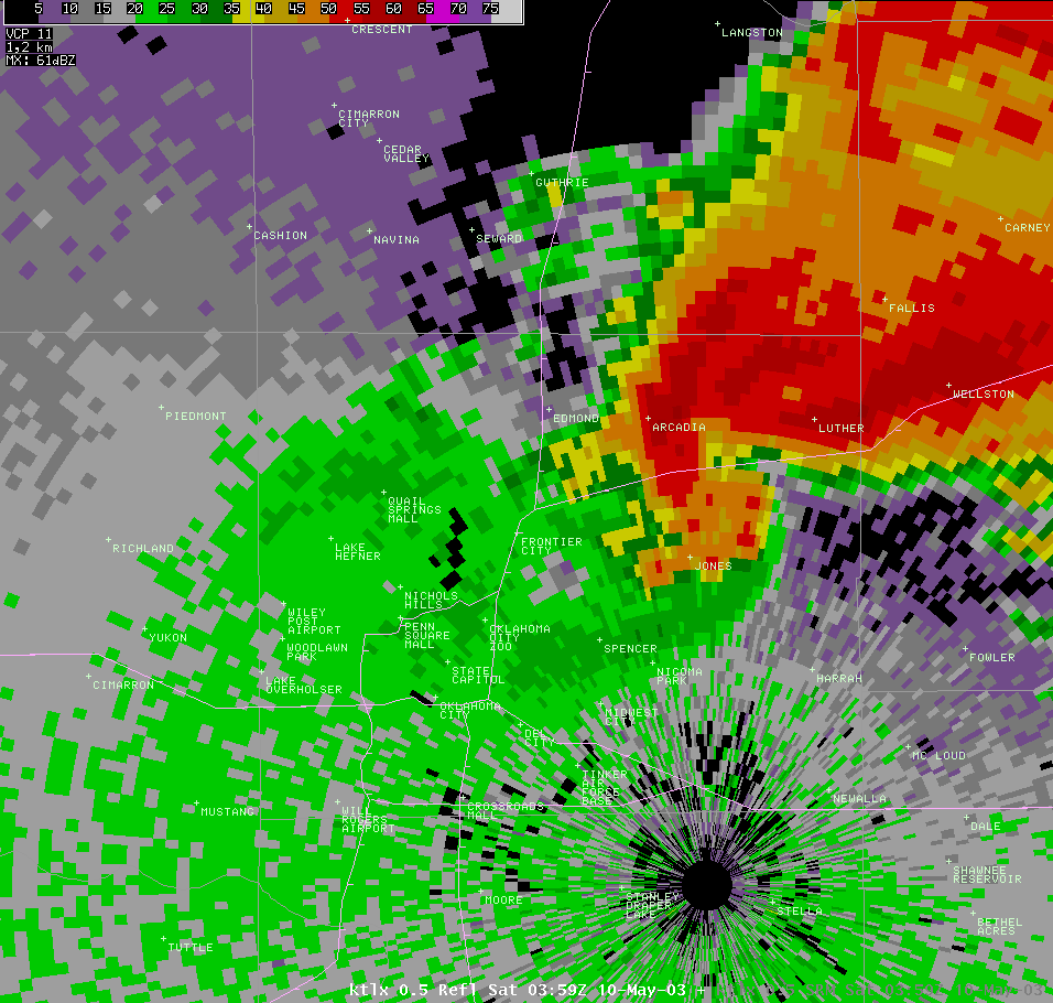 Twin Lakes, OK (KTLX) Radar Reflectivity Image for 10:59 PM CDT, 5/09/2003