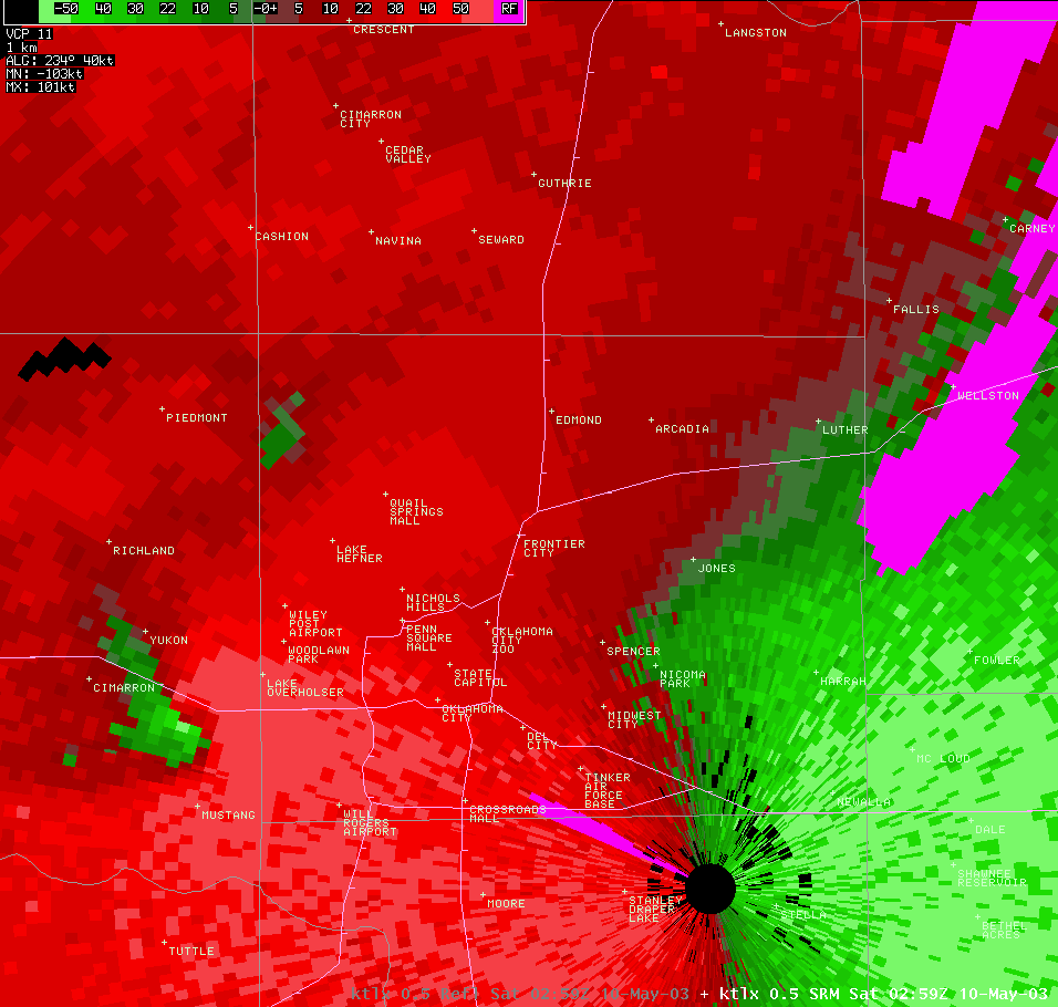 Twin Lakes, OK (KTLX) Storm Relative Velocity Image for 9:59 PM CDT, 5/09/2003