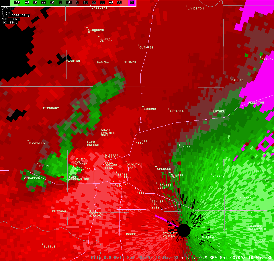 Twin Lakes, OK (KTLX) Storm Relative Velocity Image for 10:09 PM CDT, 5/09/2003