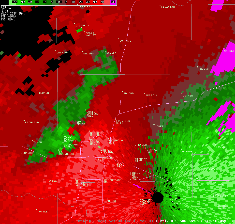 Twin Lakes, OK (KTLX) Storm Relative Velocity Image for 10:14 PM CDT, 5/09/2003