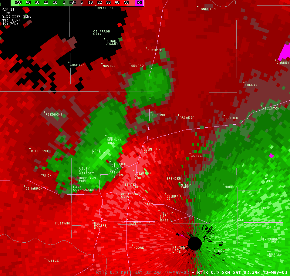 Twin Lakes, OK (KTLX) Storm Relative Velocity Image for 10:24 PM CDT, 5/09/2003