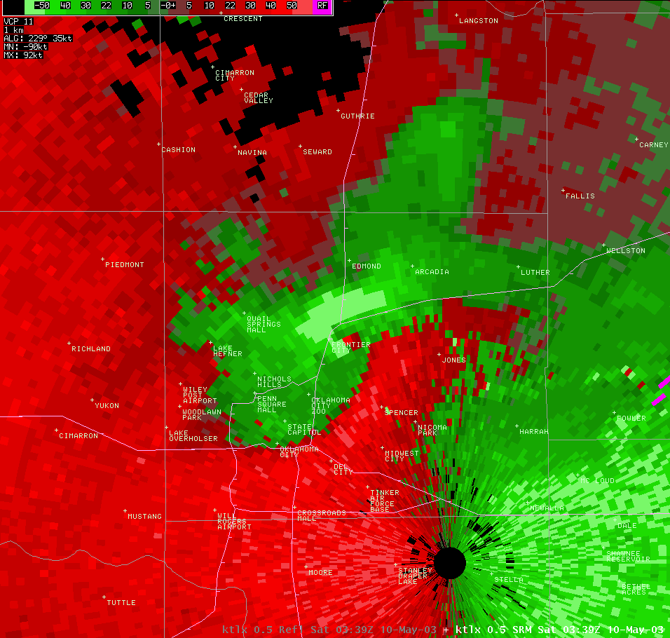 Twin Lakes, OK (KTLX) Storm Relative Velocity Image for 10:34 PM CDT, 5/09/2003