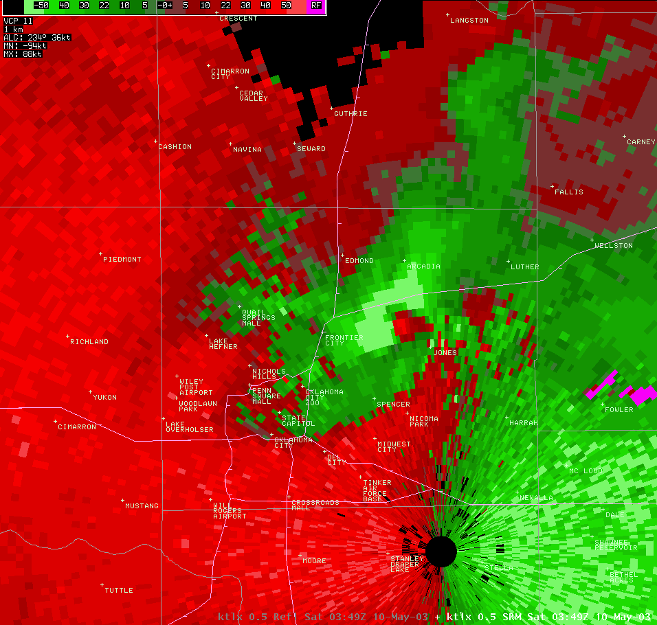 Twin Lakes, OK (KTLX) Storm Relative Velocity Image for 10:49 PM CDT, 5/09/2003