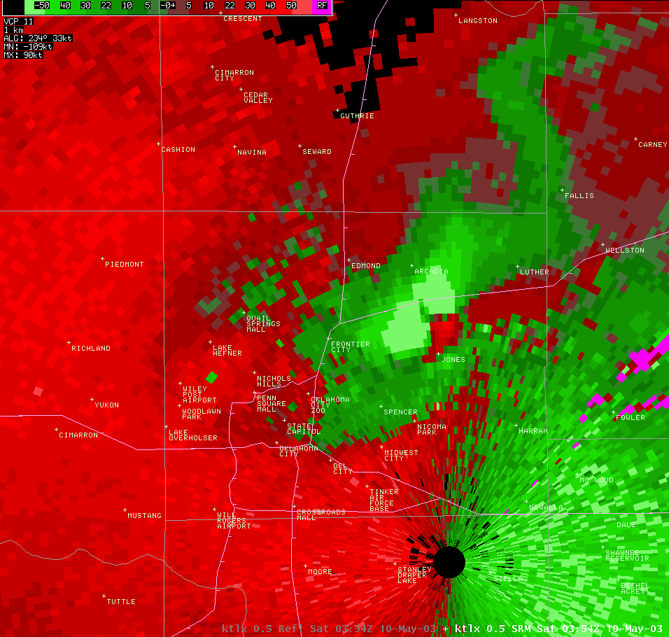 Twin Lakes, OK (KTLX) Storm Relative Velocity Image for 10:54 PM CDT, 5/09/2003