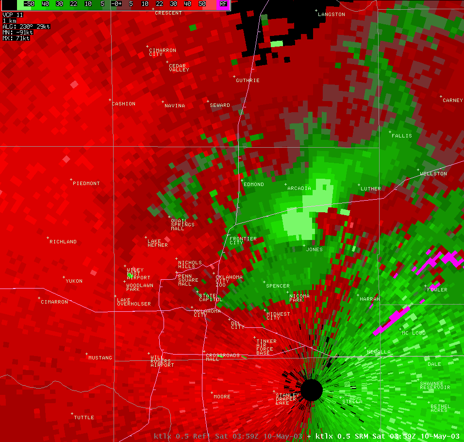 Twin Lakes, OK (KTLX) Storm Relative Velocity Image for 10:59 PM CDT, 5/09/2003