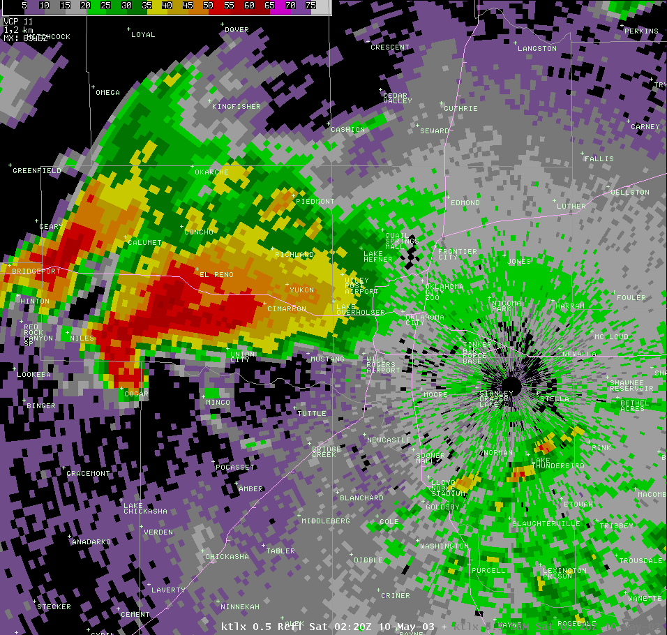 Twin Lakes, OK (KTLX) Radar Reflectivity Image for 9:20 PM CDT, 5/09/2003