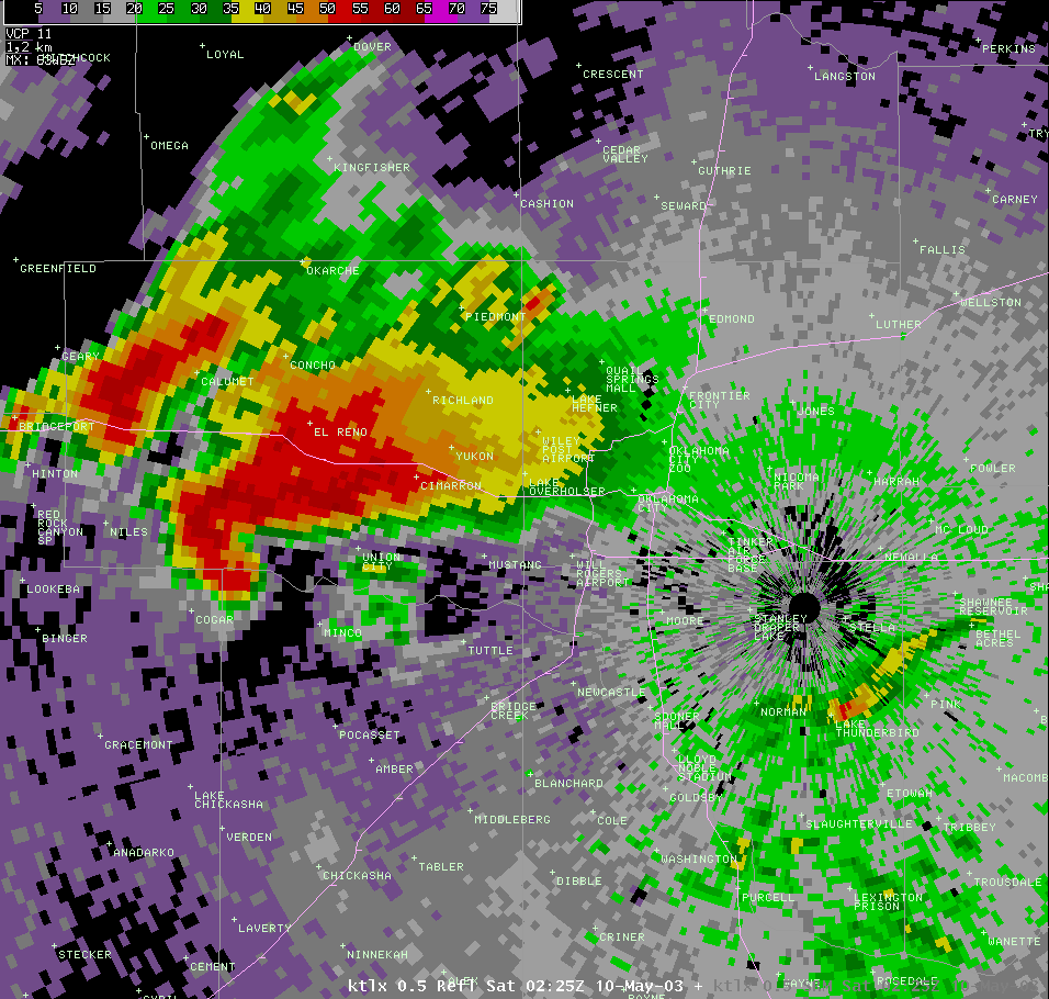 Twin Lakes, OK (KTLX) Radar Reflectivity Image for 9:25 PM CDT, 5/09/2003