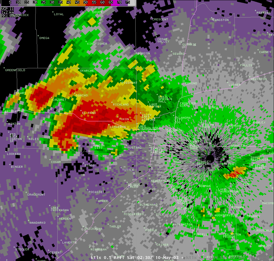 Twin Lakes, OK (KTLX) Radar Reflectivity Image for 9:30 PM CDT, 5/09/2003