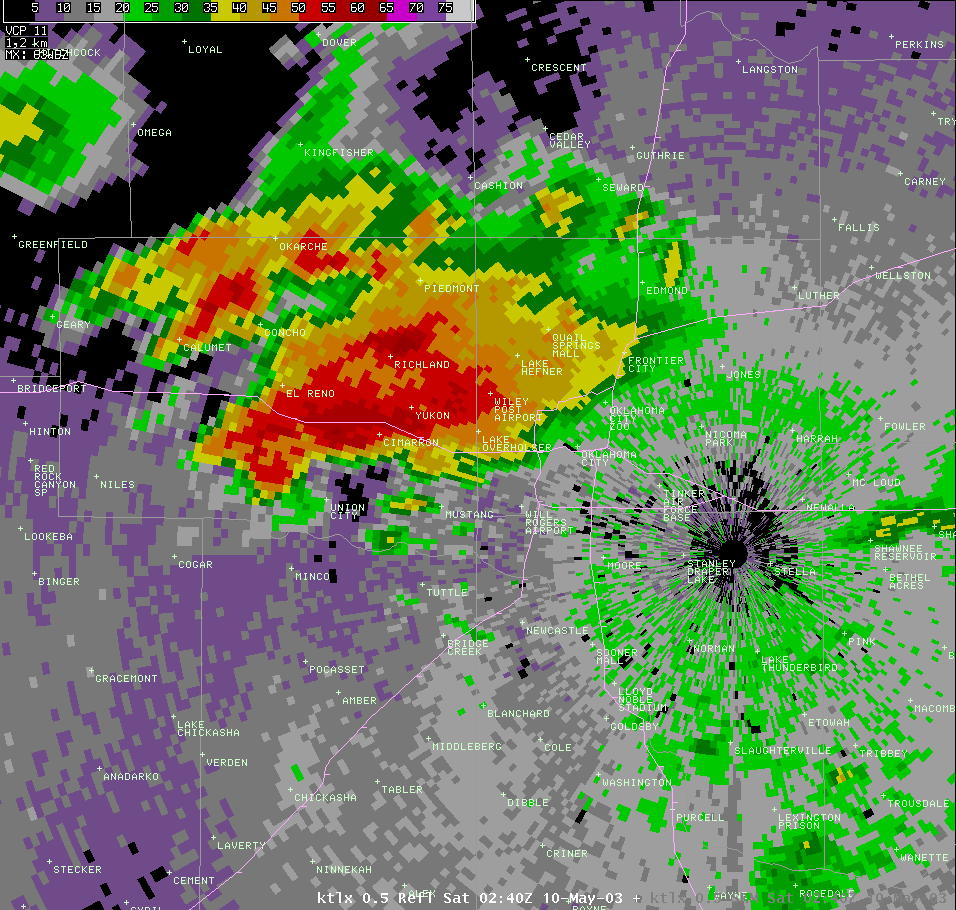 Twin Lakes, OK (KTLX) Radar Reflectivity Image for 9:40 PM CDT, 5/09/2003