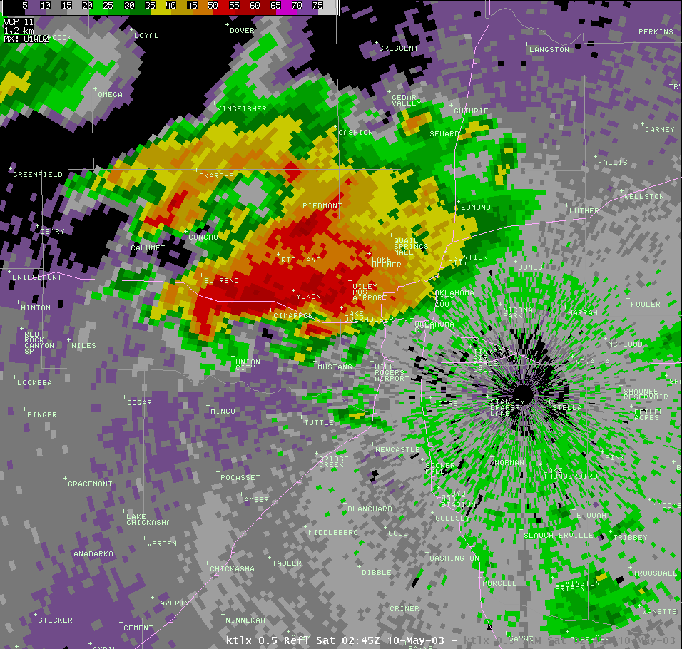 Twin Lakes, OK (KTLX) Radar Reflectivity Image for 9:45 PM CDT, 5/09/2003