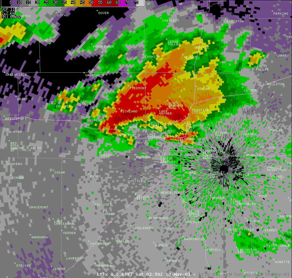 Twin Lakes, OK (KTLX) Radar Reflectivity Image for 9:59 PM CDT, 5/09/2003