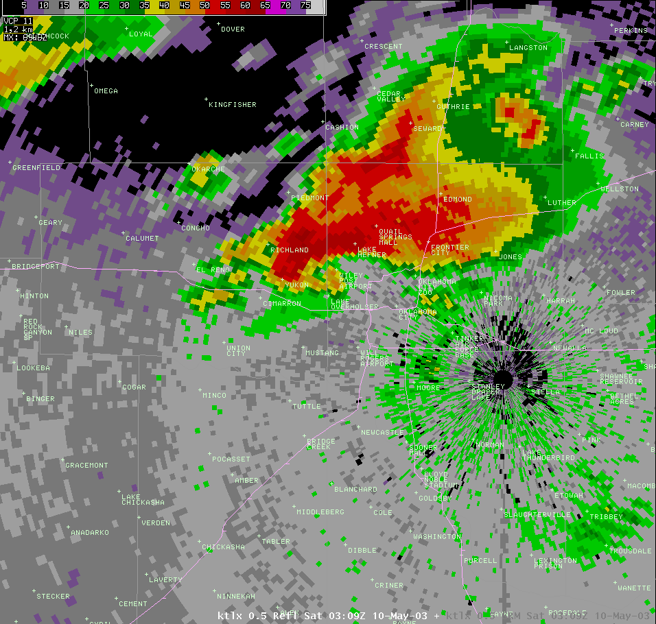 Twin Lakes, OK (KTLX) Radar Reflectivity Image for 10:09 PM CDT, 5/09/2003