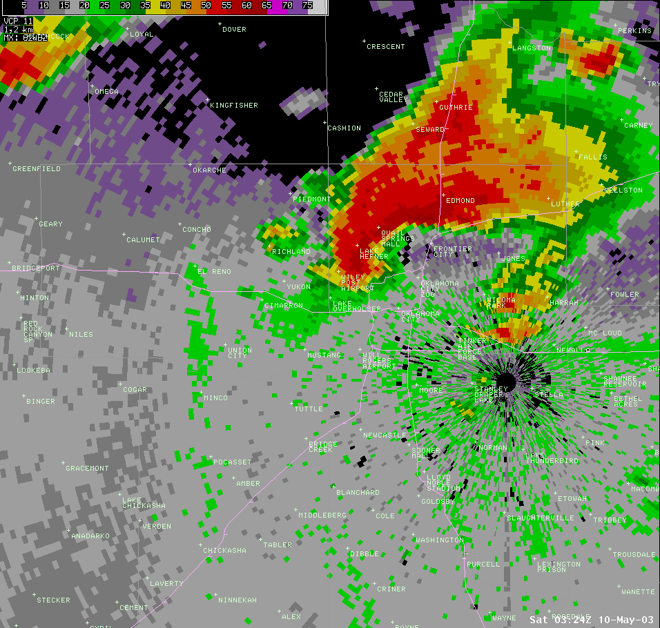 Twin Lakes, OK (KTLX) Radar Reflectivity Image for 10:24 PM CDT, 5/09/2003