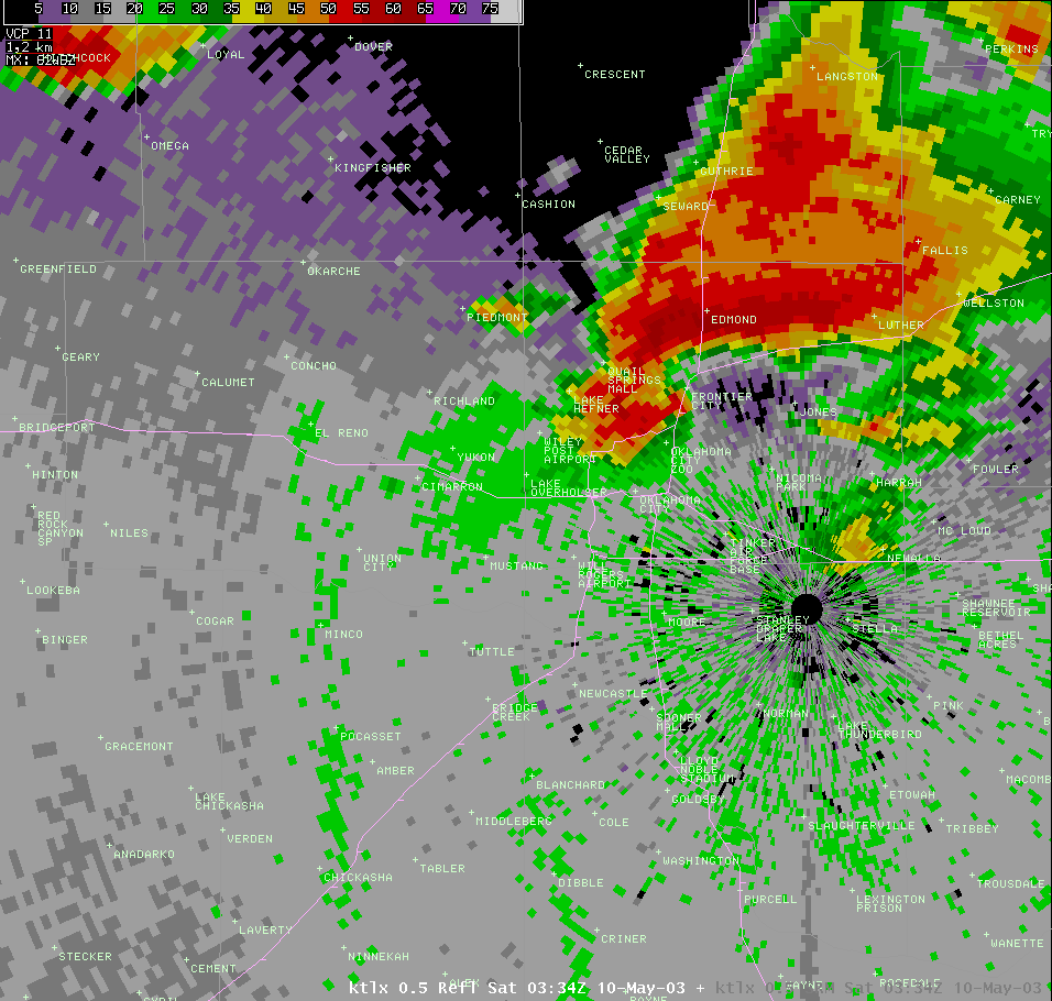 Twin Lakes, OK (KTLX) Radar Reflectivity Image for 10:34 PM CDT, 5/09/2003