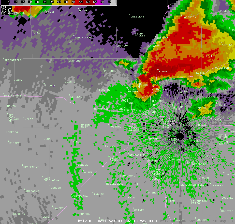 Twin Lakes, OK (KTLX) Radar Reflectivity Image for 10:39 PM CDT, 5/09/2003