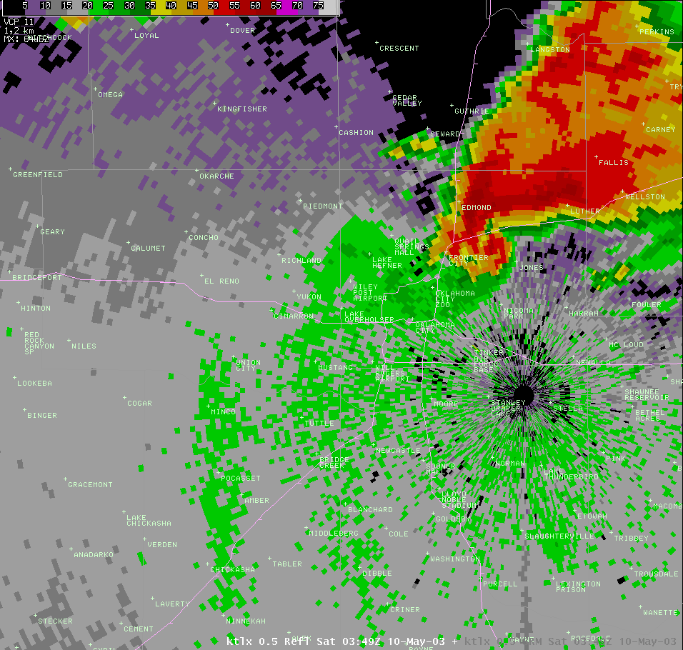 Twin Lakes, OK (KTLX) Radar Reflectivity Image for 10:49 PM CDT, 5/09/2003