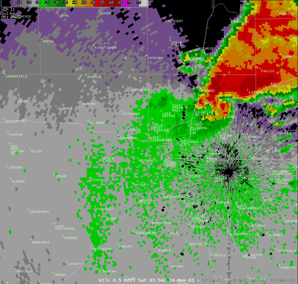 Twin Lakes, OK (KTLX) Radar Reflectivity Image for 10:54 PM CDT, 5/09/2003