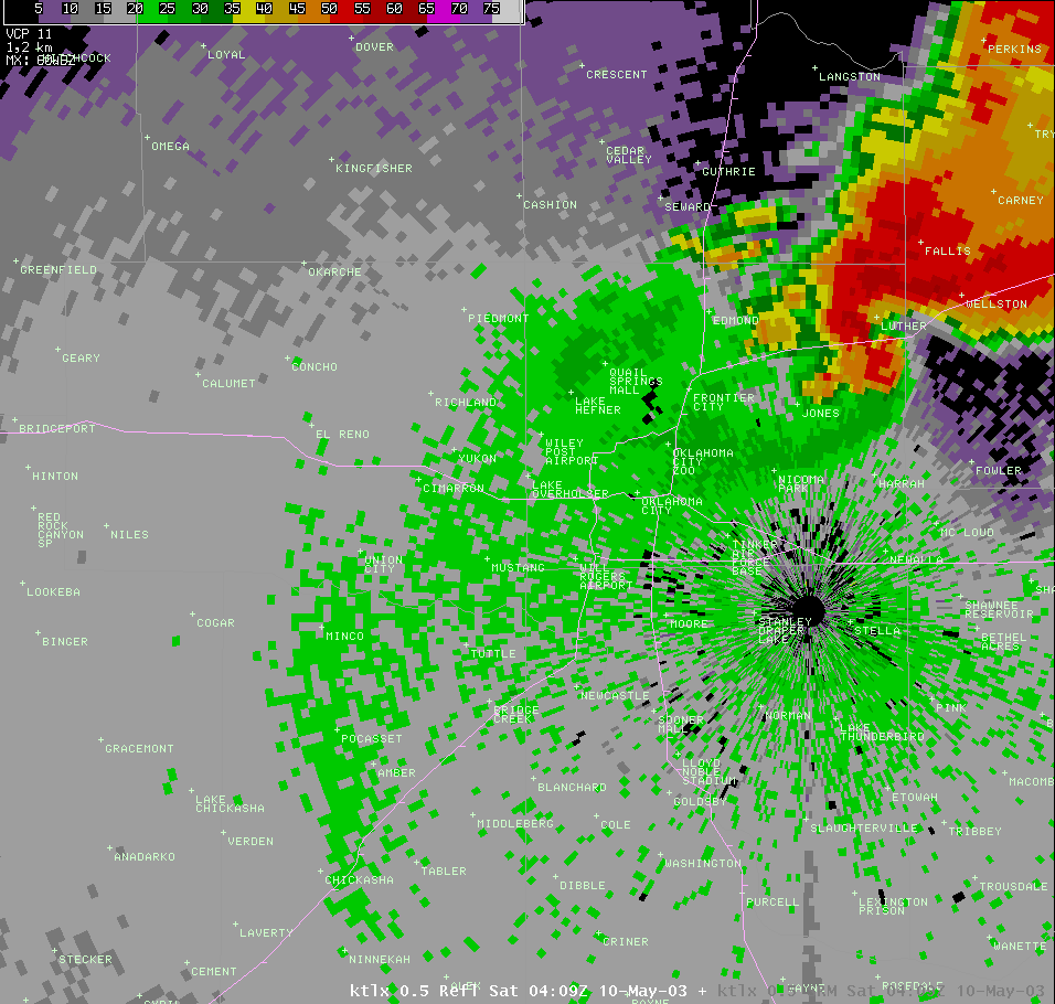 Twin Lakes, OK (KTLX) Radar Reflectivity Image for 11:09 PM CDT, 5/09/2003