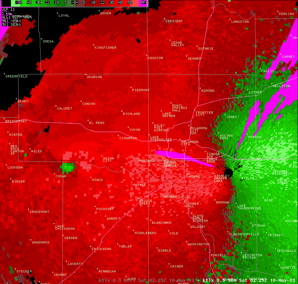 Twin Lakes, OK (KTLX) Storm Relative Velocity Image for 9:20 PM CDT, 5/09/2003