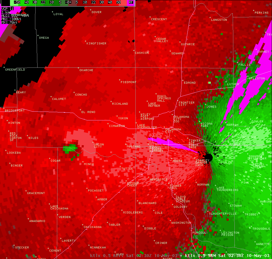 Twin Lakes, OK (KTLX) Storm Relative Velocity Image for 9:25 PM CDT, 5/09/2003