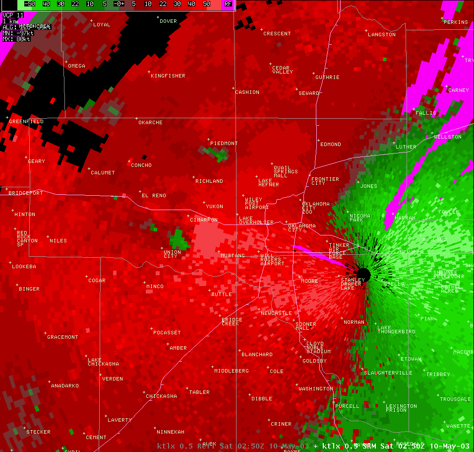 Twin Lakes, OK (KTLX) Storm Relative Velocity Image for 9:50 PM CDT, 5/09/2003