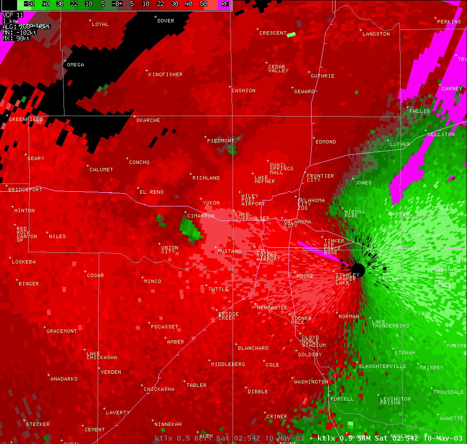 Twin Lakes, OK (KTLX) Storm Relative Velocity Image for 9:55 PM CDT, 5/09/2003