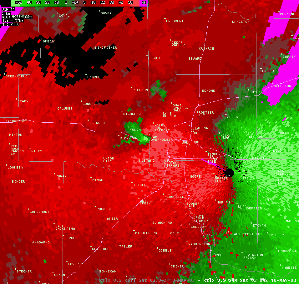 Twin Lakes, OK (KTLX) Storm Relative Velocity Image for 10:04 PM CDT, 5/09/2003