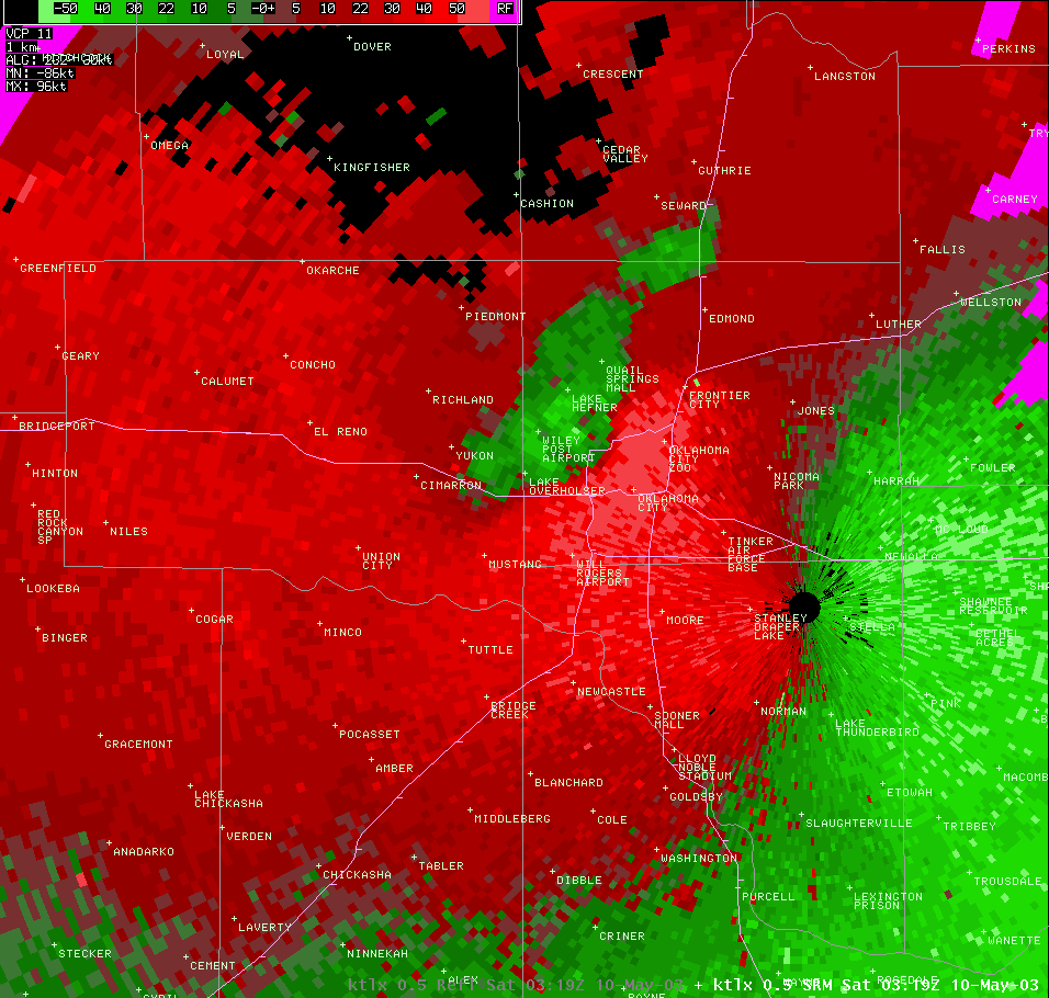 Twin Lakes, OK (KTLX) Storm Relative Velocity Image for 10:19 PM CDT, 5/09/2003