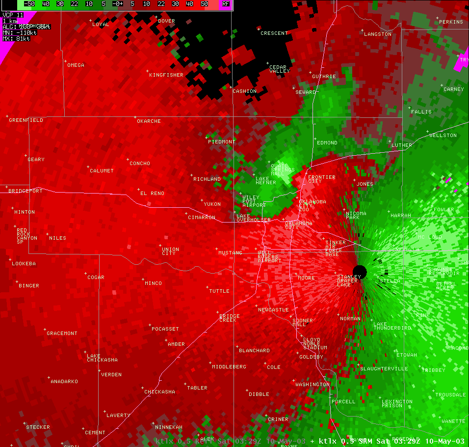 Twin Lakes, OK (KTLX) Storm Relative Velocity Image for 10:29 PM CDT, 5/09/2003