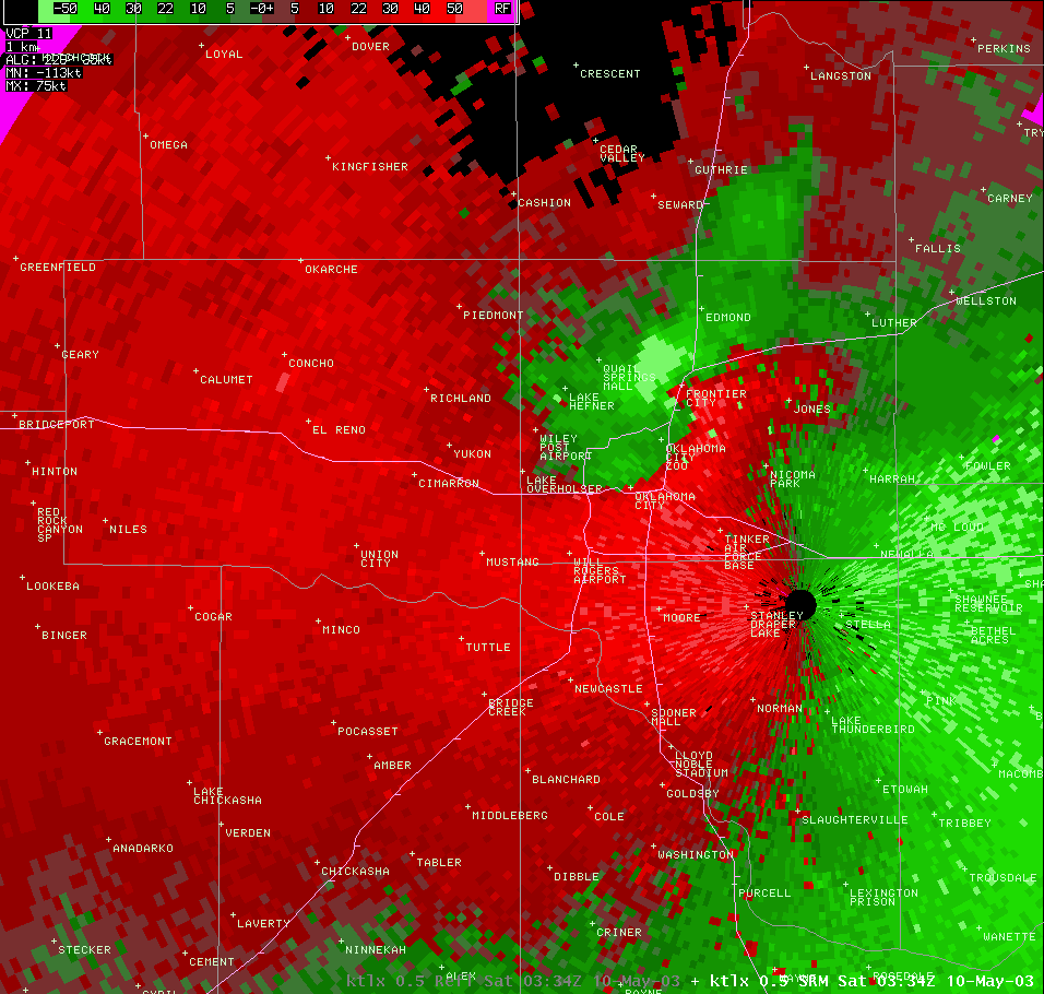 Twin Lakes, OK (KTLX) Storm Relative Velocity Image for 10:34 PM CDT, 5/09/2003