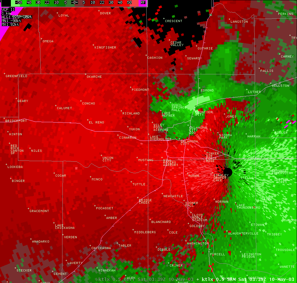 Twin Lakes, OK (KTLX) Storm Relative Velocity Image for 10:39 PM CDT, 5/09/2003