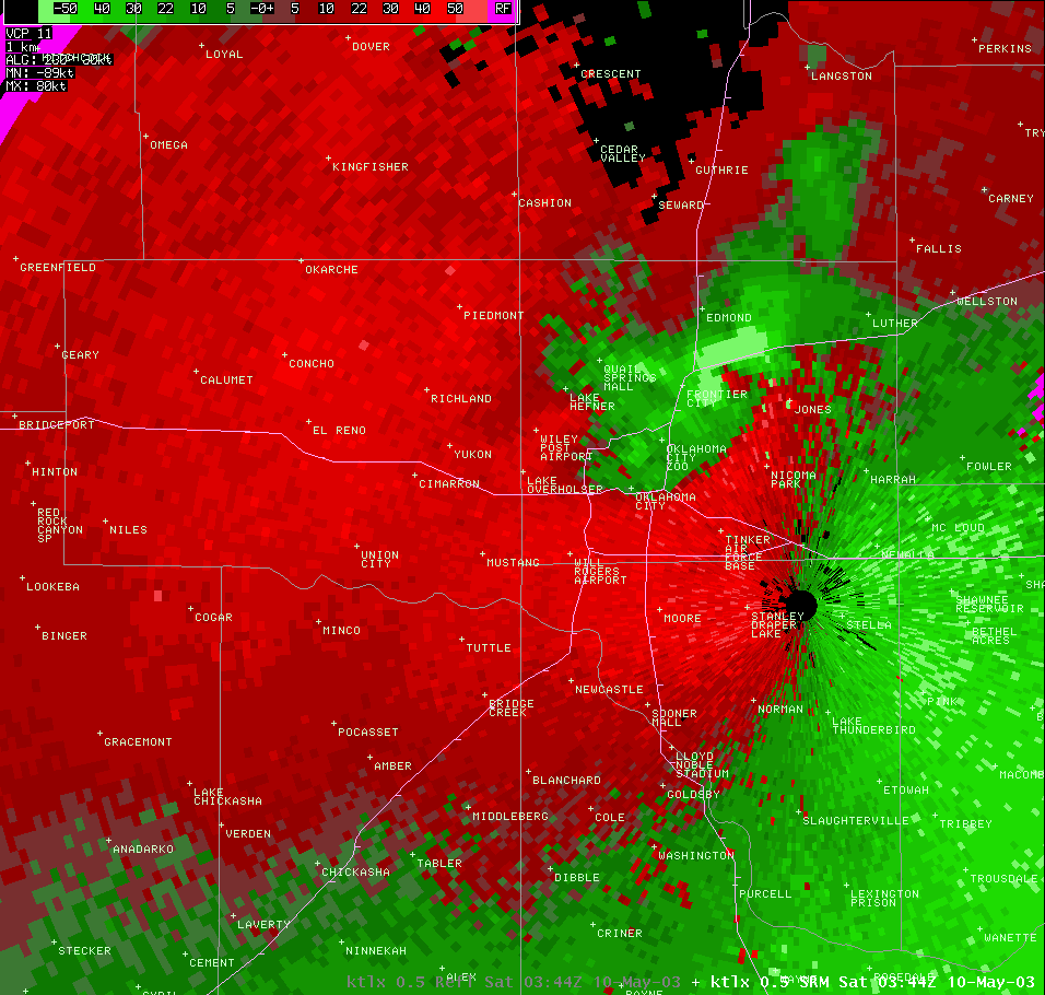 Twin Lakes, OK (KTLX) Storm Relative Velocity Image for 10:44 PM CDT, 5/09/2003
